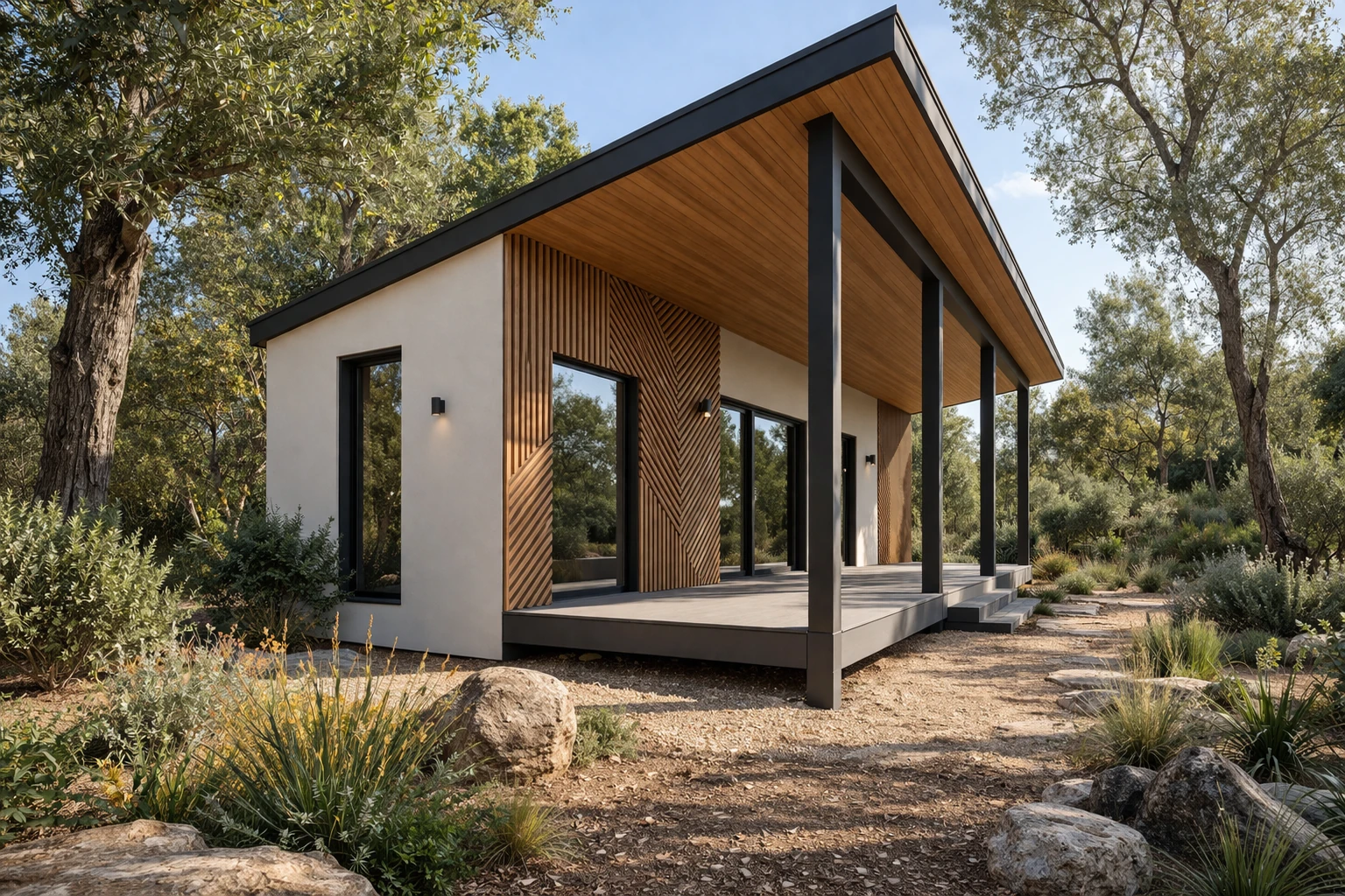 Espace de vie ouvert d'une maison modulaire HAVRE