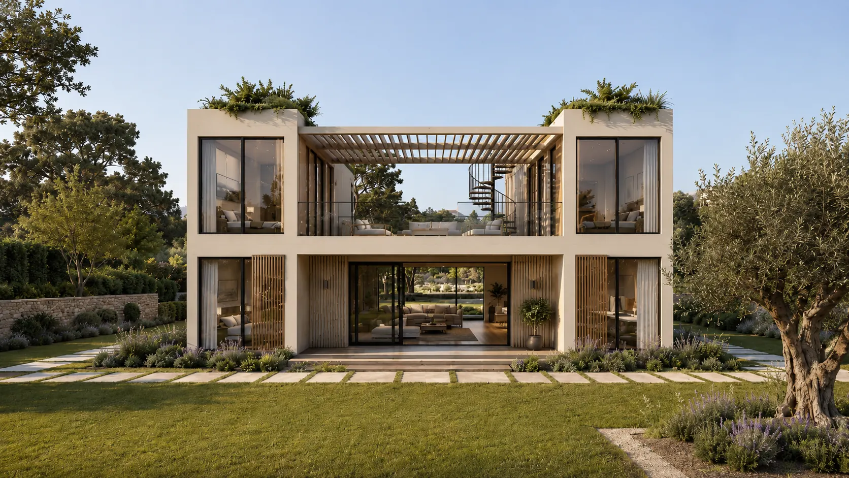 Maison modulaire HAVRE livrée clé en main au Portugal, façade bois et grandes baies vitrées