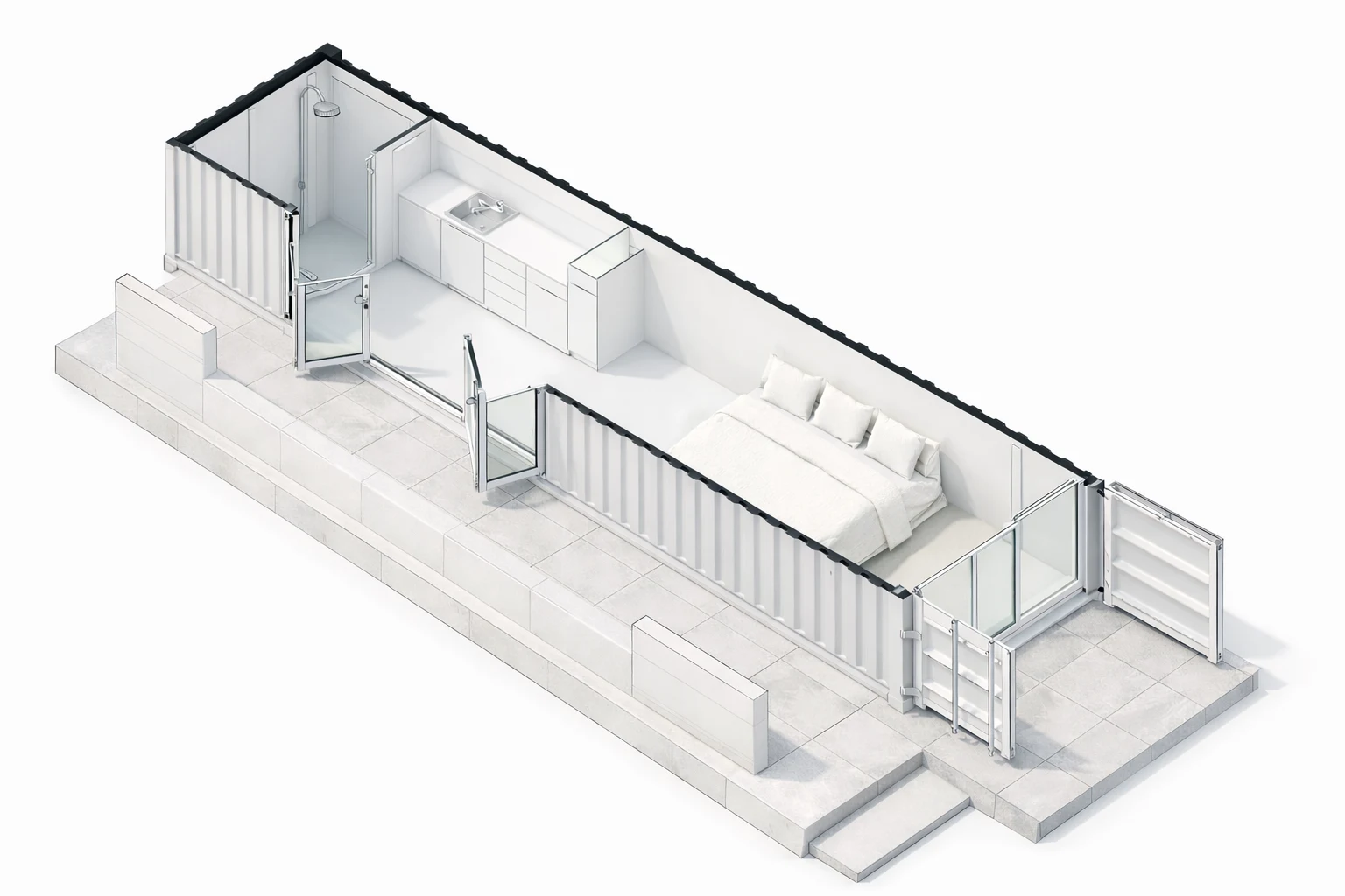 Coupe technique d'un studio Refuge montrant structure et isolation