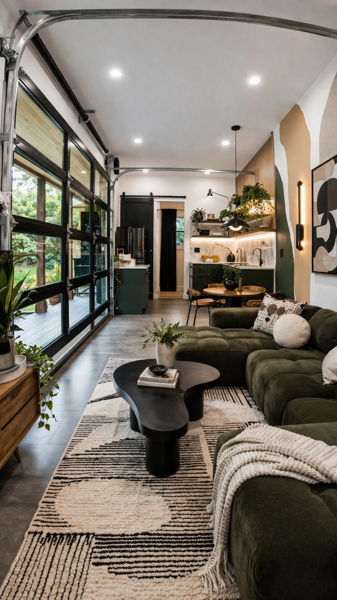 Intérieur studio Refuge, canapé vert et table organique