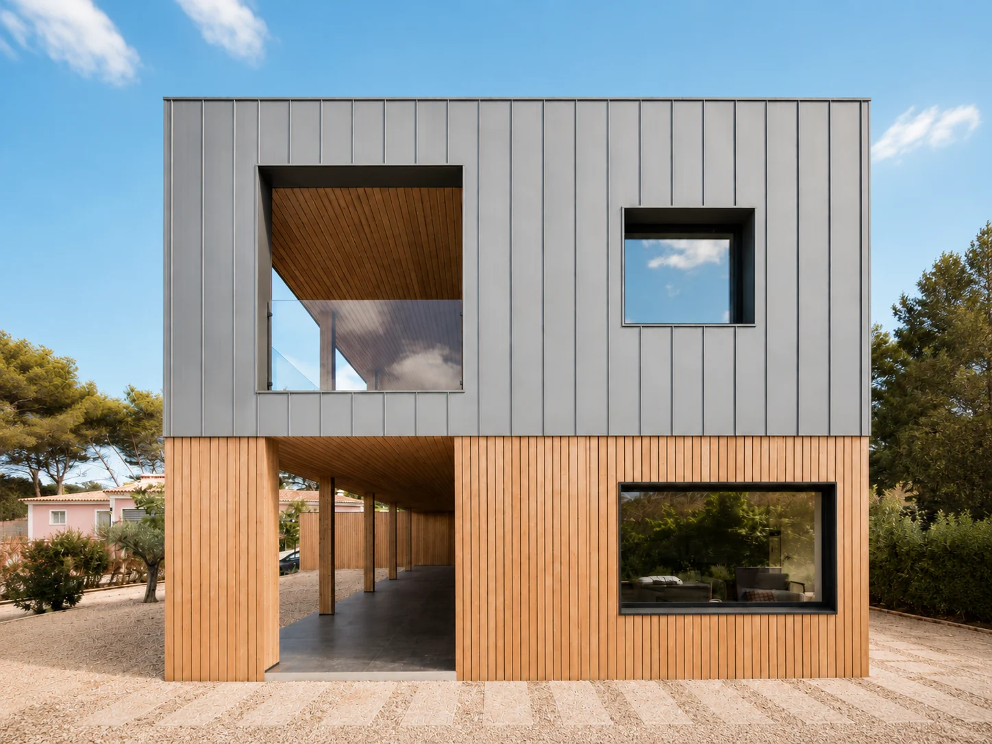 Étude de façade contemporaine associant bardage métallique à joints debout, bois vertical et menuiseries sombres.