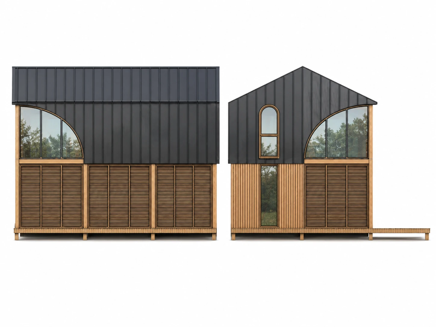 Deux élévations d’une étude de maison contemporaine en métal sombre et bois.
