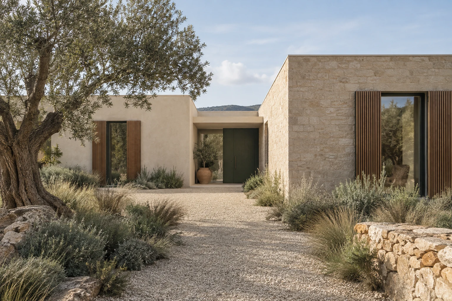 Maison contemporaine portugaise en pierre claire, enduit minéral et bois naturel, inscrite dans un paysage sec.