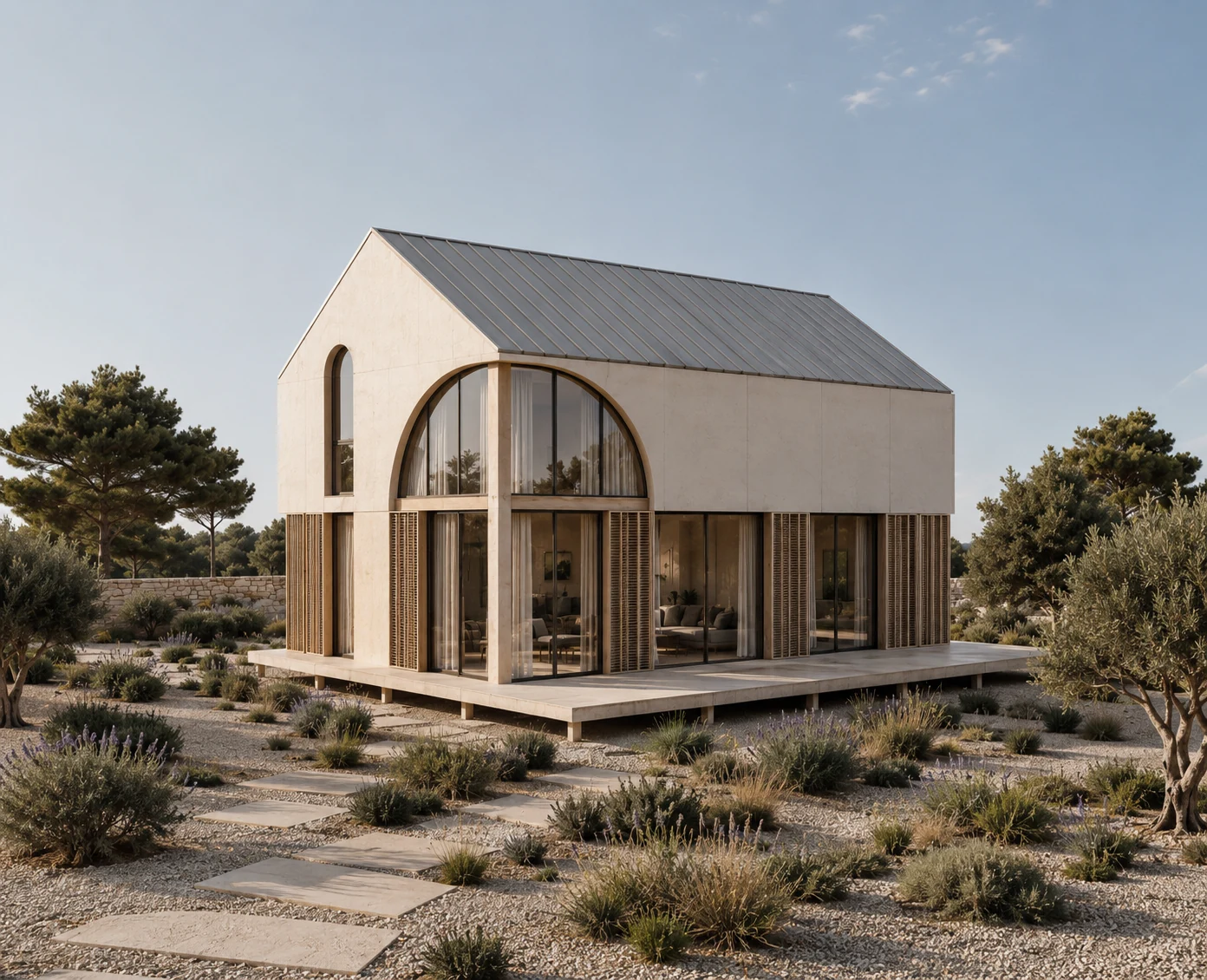 Étude architecturale d’une maison contemporaine en pierre claire, bois et toiture métallique dans un paysage méditerranéen.