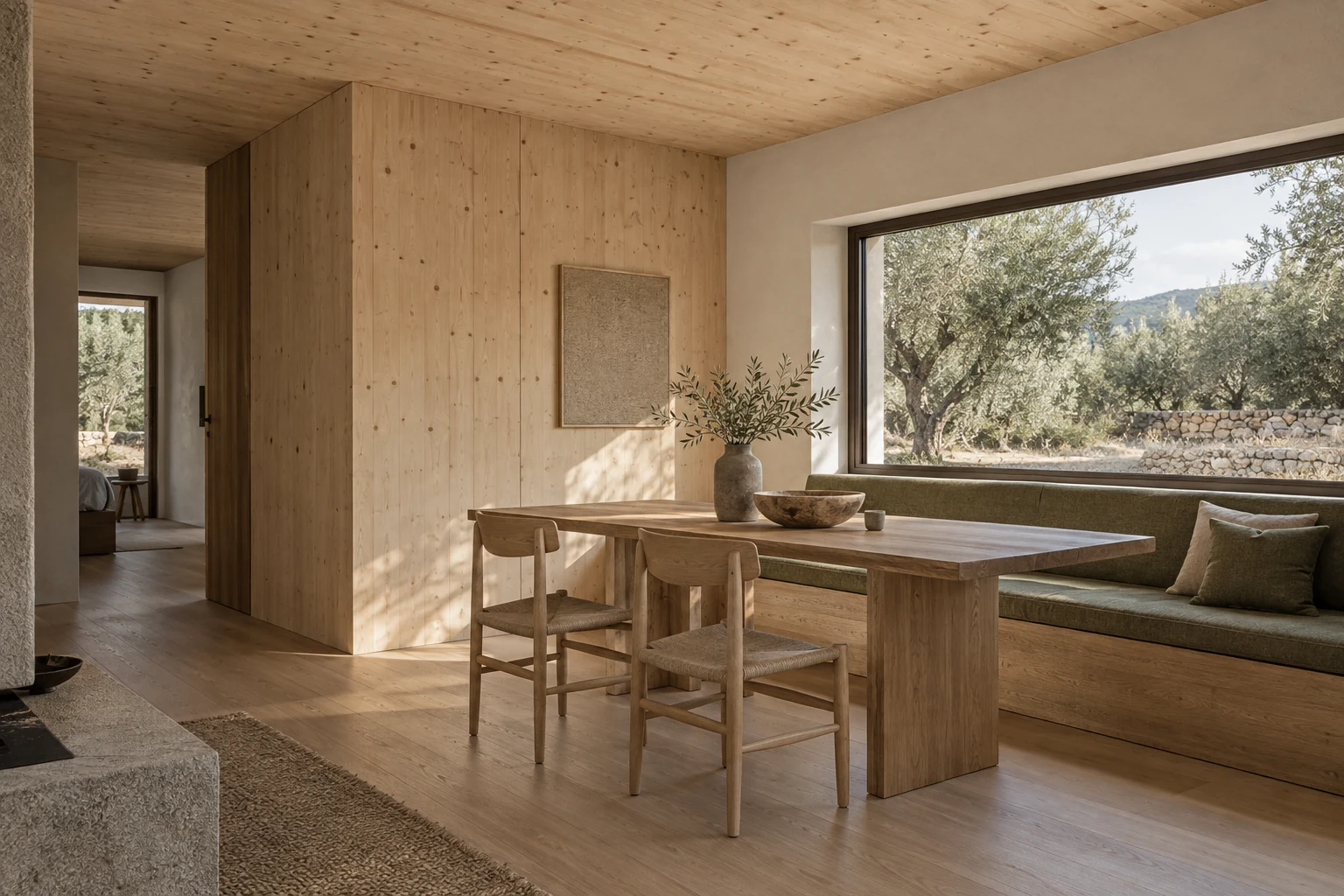 Intérieur calme associant bois clair, enduit minéral et menuiserie sombre, avec des jonctions constructives lisibles.
