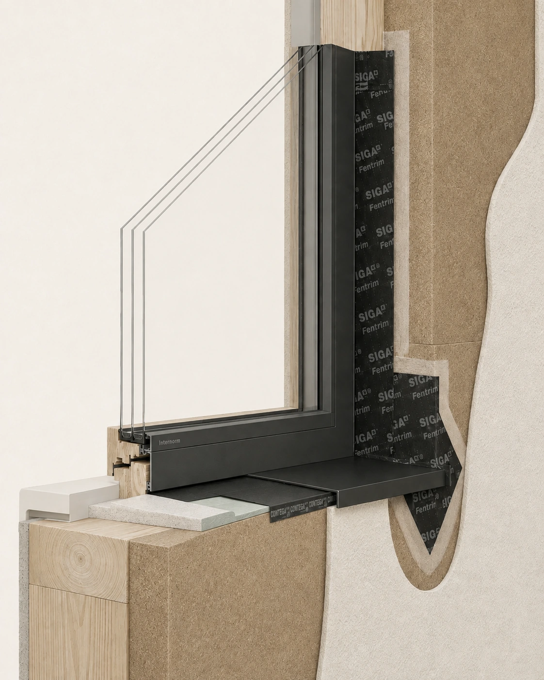 Détail constructif d’une fenêtre bois-aluminium montrant vitrage, isolation et continuité des membranes.