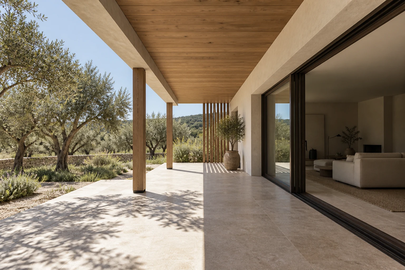 Loggia profonde d’une maison contemporaine, protections solaires et menuiseries en retrait ouvrant sur un jardin sec.