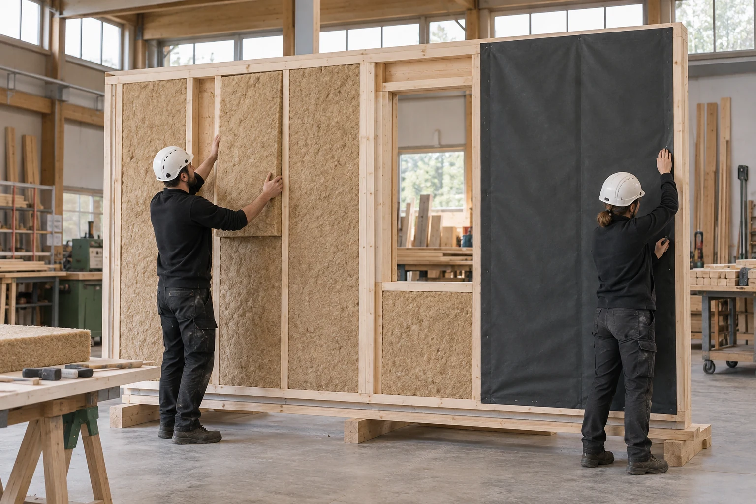 Assemblage en atelier d’un panneau à ossature bois avec isolation fibreuse et membrane extérieure.