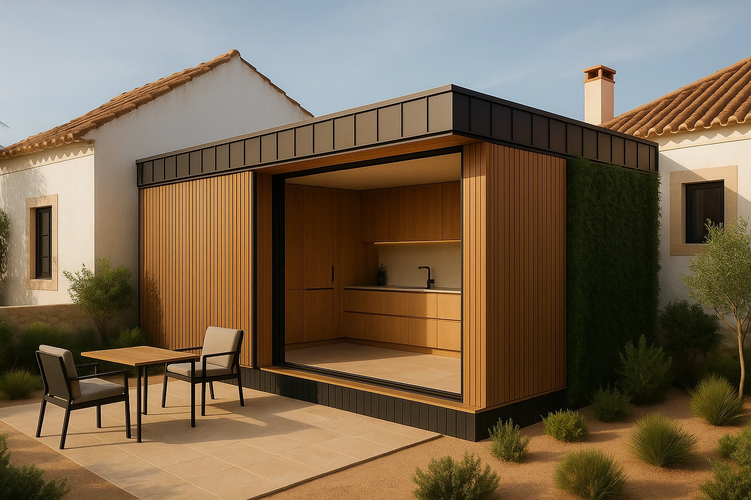 Cuisine moderne en bois clair ouverte sur un jardin méditerranéen
