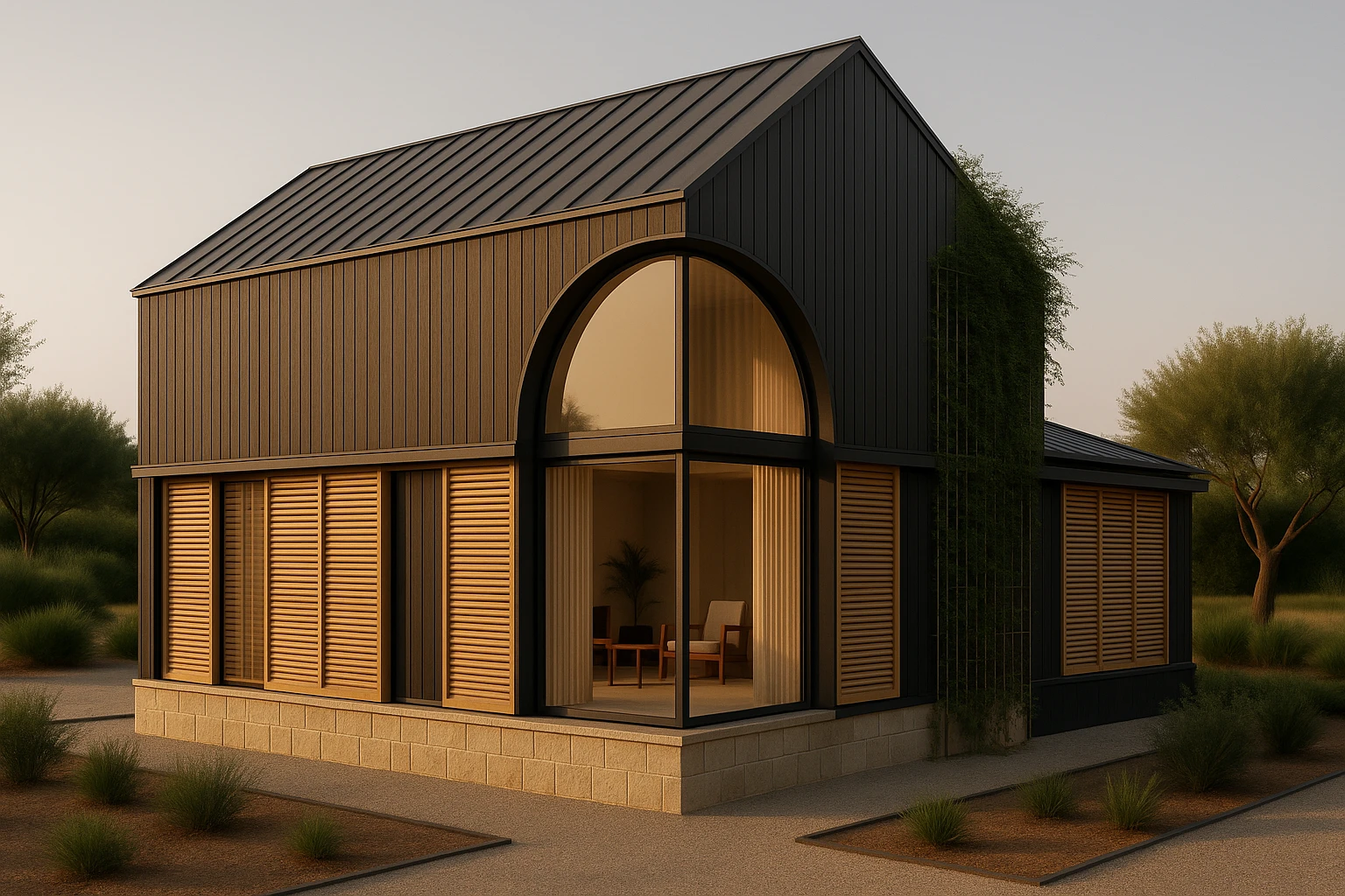 Maison noire avec volets bois verticaux et grande ouverture en arche