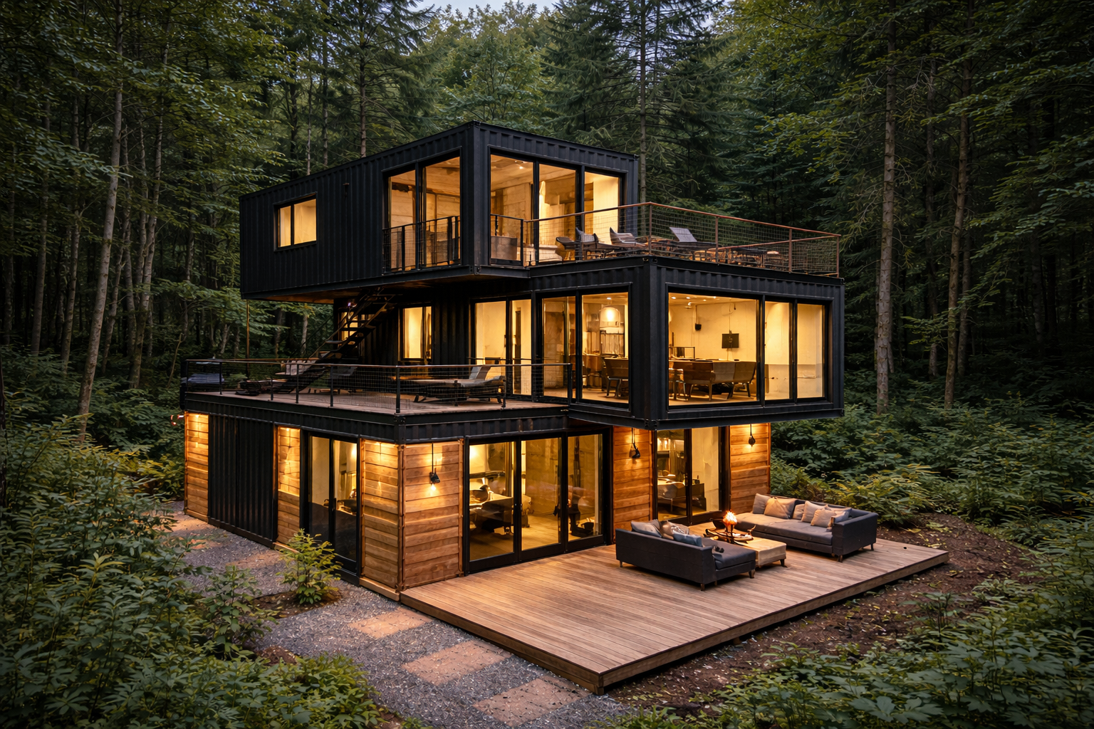 Maison container contemporaine avec bardage bois et terrasse