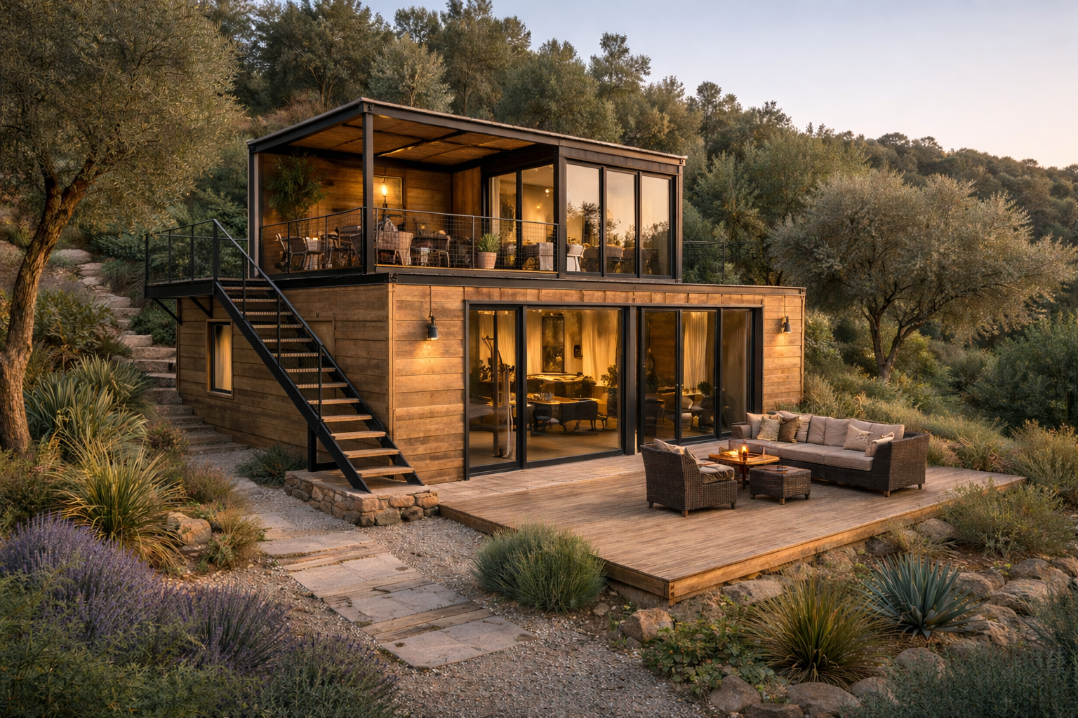 Maison contemporaine en conteneur avec bardage bois, grandes baies vitrées, terrasse et escalier extérieur, dans un paysage méditerranéen type Portugal.