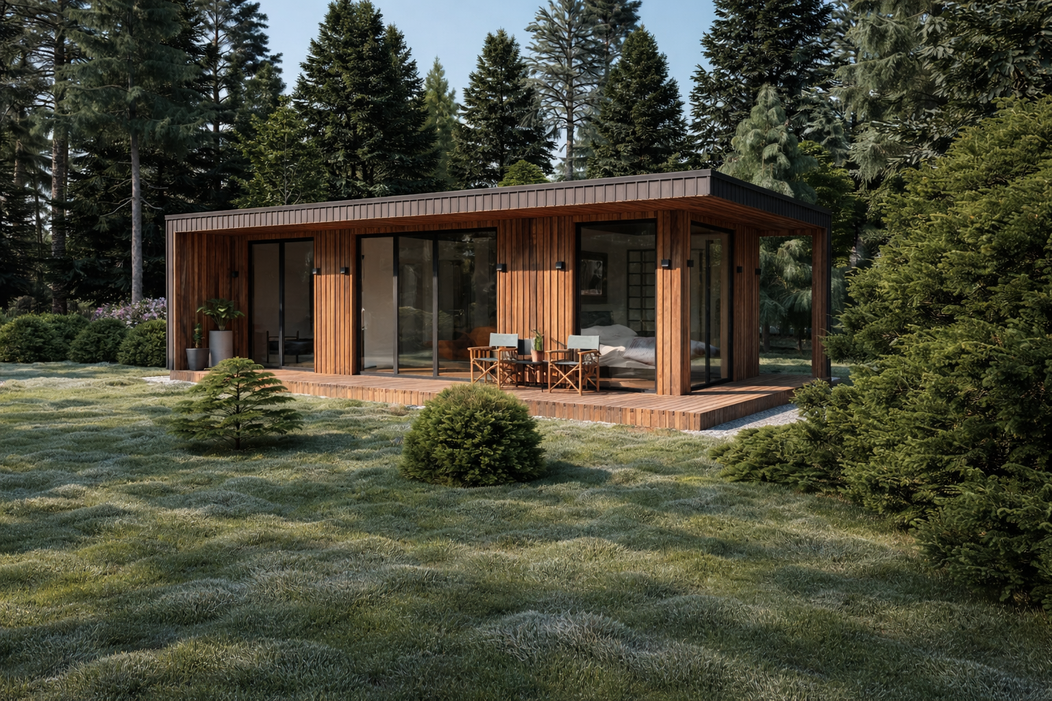 Maison contemporaine fabriqué en panneaux sip avec bardage bois, grandes baies vitrées, terrasse.